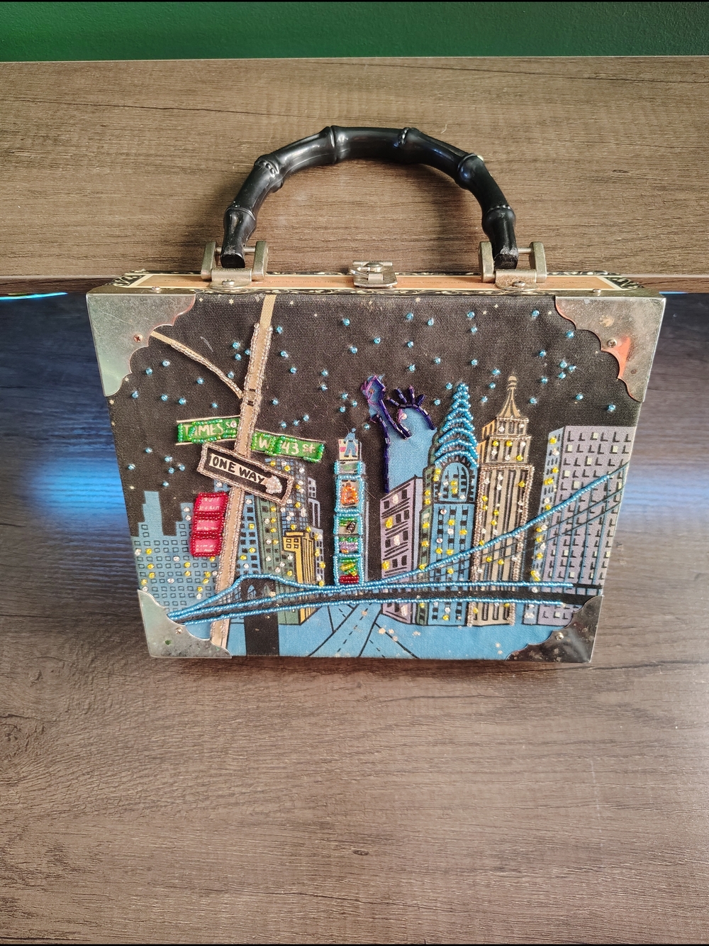 Vintage Cityscape Hand-Painted Box Bag with Bamboo Handle - Black & Blue